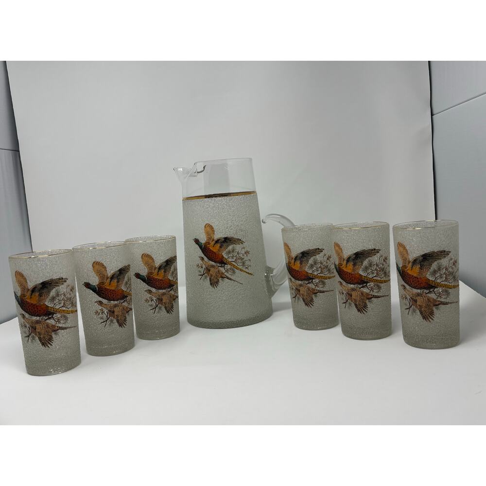 Vintage Pheasant Glassware Set – Ice Textured Pitcher & 6 Tumblers | Mid-Century